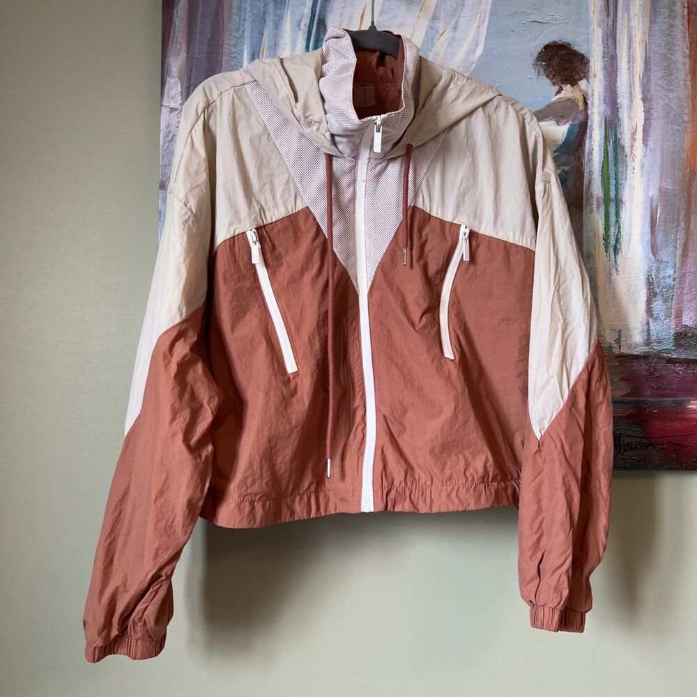 Vtg 80's Revival Sz L Windbreaker Sporty Cream Brown Cropped Retro Jacket Y2K